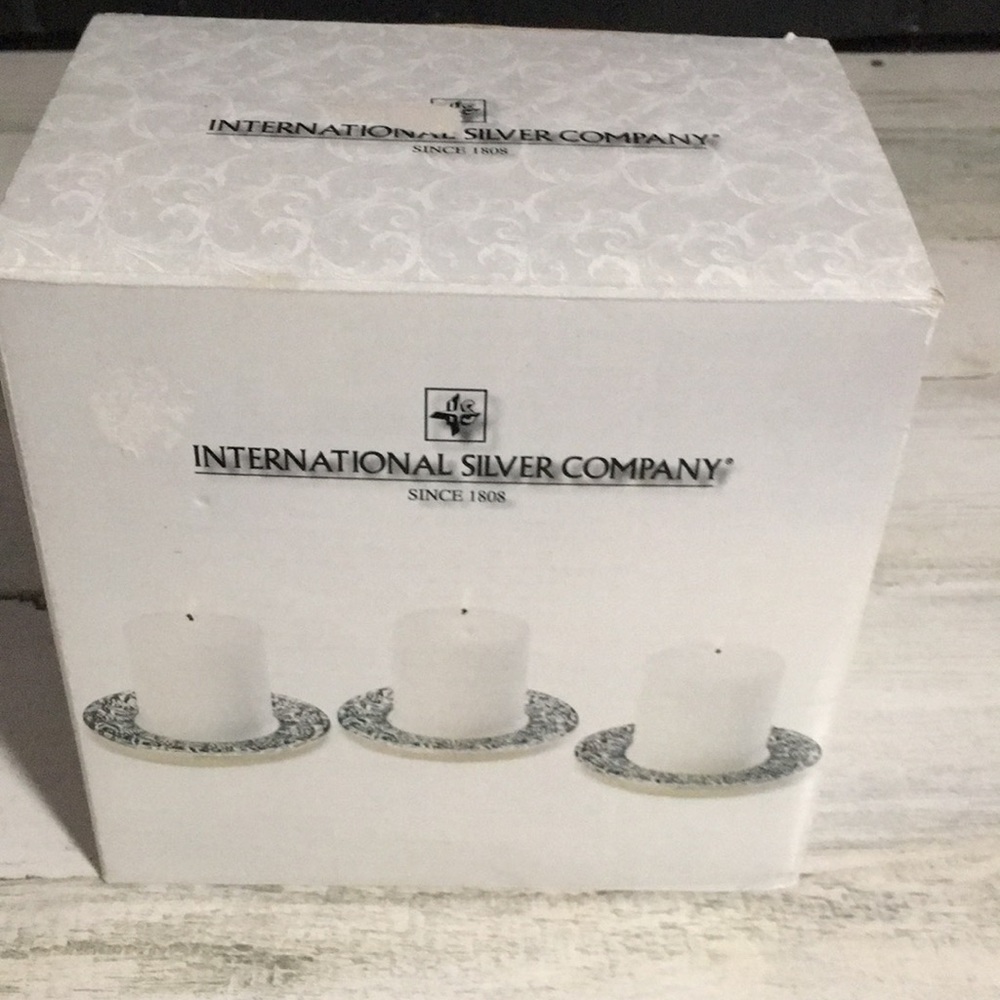 International Silver Company Bordeaux set of 3 silver plated plates & candles